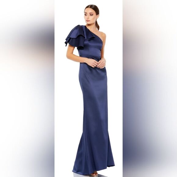 Mac Duggal ONE SHOULDER FLUTTER SLEEVE GOWN NWT Size 16 Blue (26521) - Picture 1 of 6